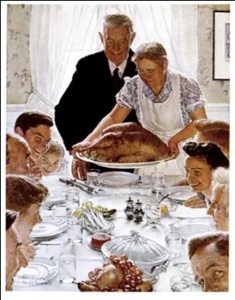 A traditional family Thanksgiving celebration, as depicted by artist Norman Rockwell.