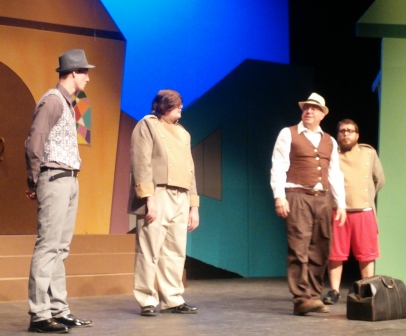 Cody Sluder, from left, Dustin McCullough, Tony Piazza, and Codey Long rehearse a scene from The Comedy of Errors, which will be staged this weekend at the Bowlus Fine Arts Center.