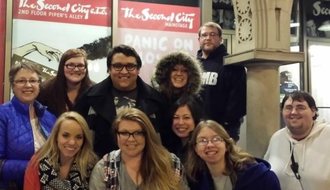 Tony Piazza of the Allen Theater Department took this photograph of the group visiting Chicago during spring break. Pictured are, front from left, Jeri Troyer, Carley Nelson, Lauren Perez-Engel, Heather Kropf, and Matthew Wynn; back row from left, Terri Piazza, Alexandria Lynn King, Jordan Garcia, Anna Mammedova, and Barry McAnulty.