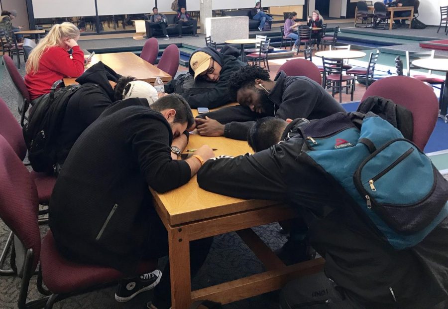 Instead of studying between classes, freshman Jose Trejo, and sophomores Antonio Fiallos, Dogan Bagde, Victor Nwankwo, and Braden Phetchamhanh, choose to nap before their next class. 