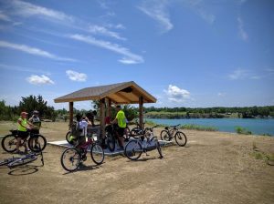 Bikers enjoy the scenery from one of the various rest areas on the LeHigh Portland Trails. 