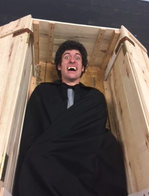 Judd Wiltse, Allen Community College Sophomore plays the leading role of Dracula in the spring production. Here he is seen laying in his coffin... BOO! 
