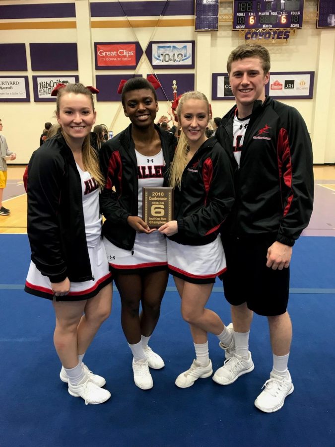 Allen Cheers Small Co-Ed Stunt Group posed for a pic after placing first at competition in March. From left to right: Jamie Souders, Cateria Ebeling, Katey Hinds, and Seth Coltrane.