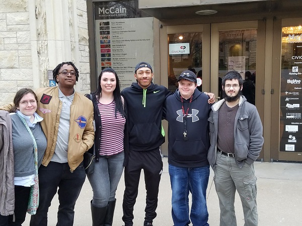 Gathering in front of McCain Auditorium at Kansas State University are, from left, Rachel Kothe, Marquese Garrett, Lindsey Temaat, RJay McCoy, Brogan Falls, and Paul Borcherding.