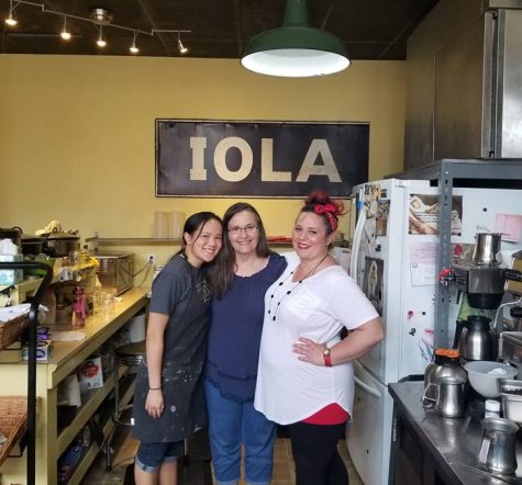 May 2018: Then Sophomore Joie Whitney poses for a photo with Around the Corner owners Cindy Lucas and Jessica Qualls during her afternoon shift at the coffee shop in Iola, KS.