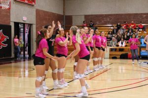 The Lady Devils volleyball team showed their support for Breast Cancer Awareness Month by sporting pink jerseys at Wednesday nights Pink Out game.