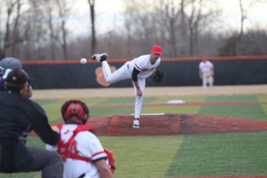 Brian Beers fires a strike across the plate to catcher Logan Easterling.